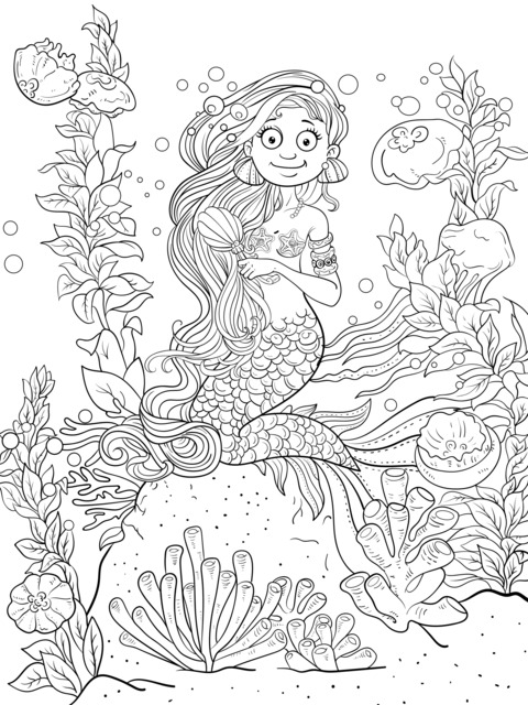 Cute Mermaid in an Underwater World Coloring Page