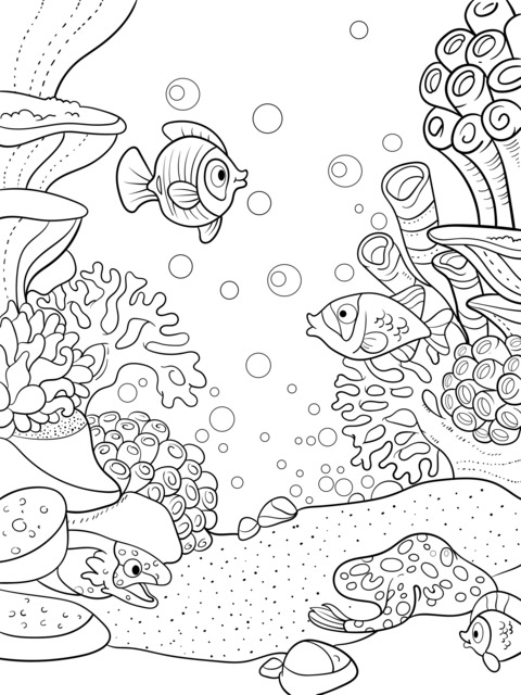 海底世界の塗り絵ページ：カラフルな魚とサンゴ