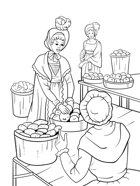 Vintage Market Scene Coloring Page