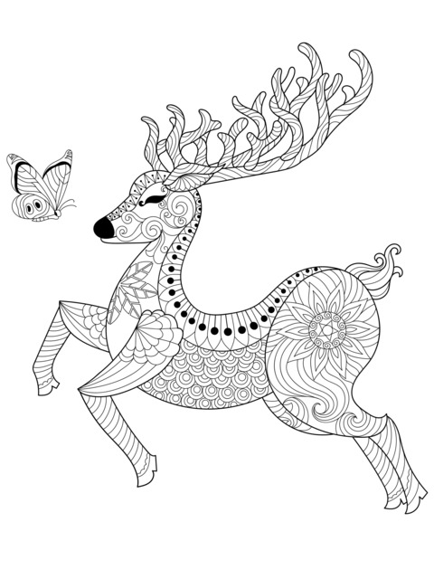 Coloring Page of a Running Deer with Colorful Patterns and a Butterfly