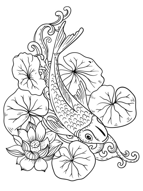 Koi Fish and Lotus Coloring Page