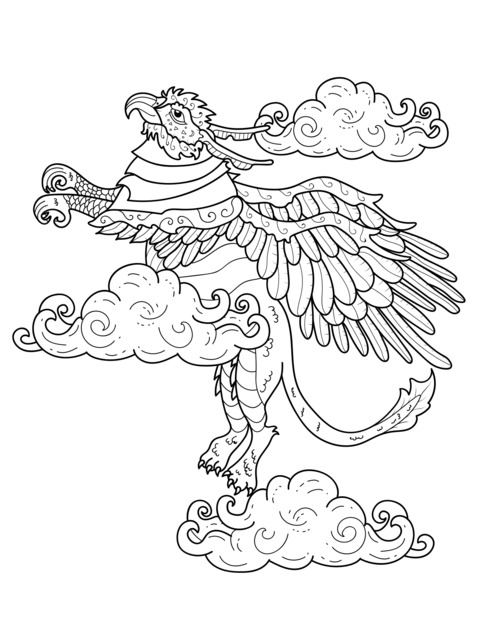 Mythical Beast Coloring Page: A Fantastic Creature Soaring Among Clouds