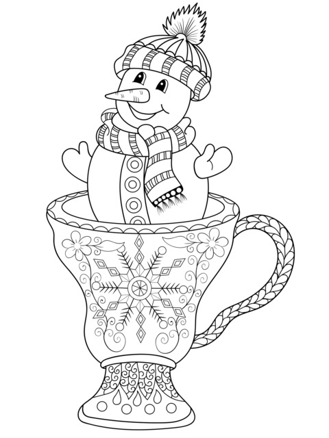 Página de colorear de un lindo muñeco de nieve en una taza de té con patrones