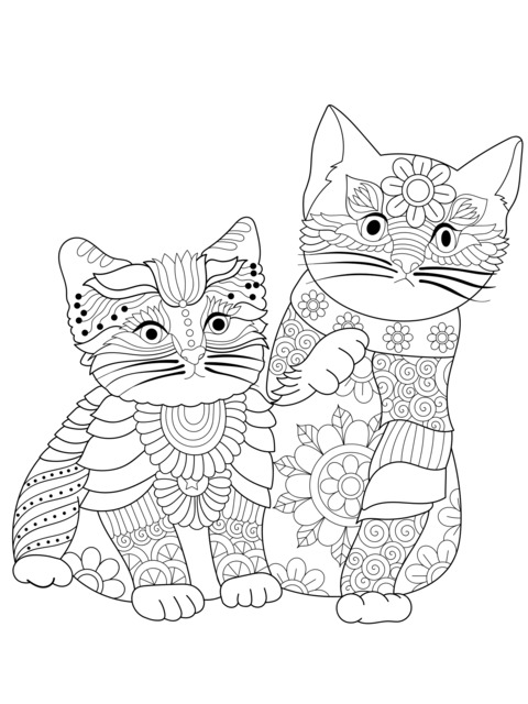 Página para Colorir de Dois Gatos com Estilo Ornamental