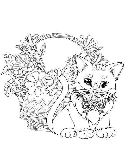 Página de Colorear de un Gato Adorable y un Canasto de Flores