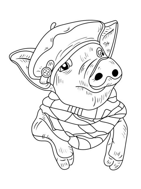 Pig wearing a beret and a scarf