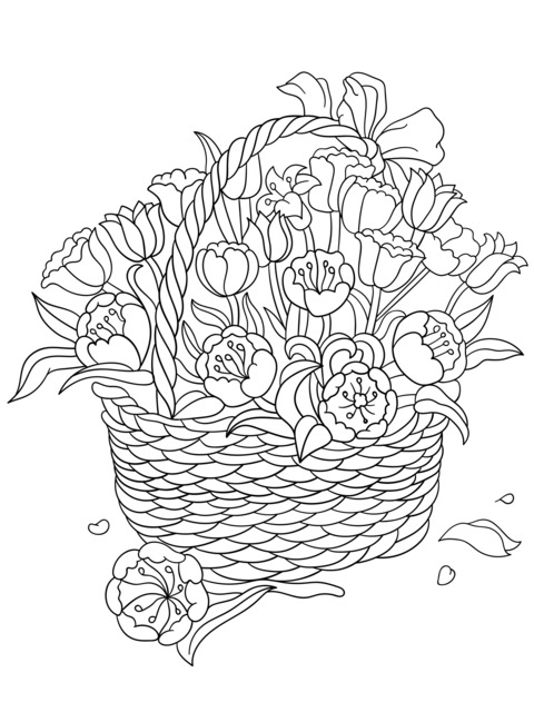 Coloring Page of a Flower Basket: Basket Adorned with Colorful Tulips