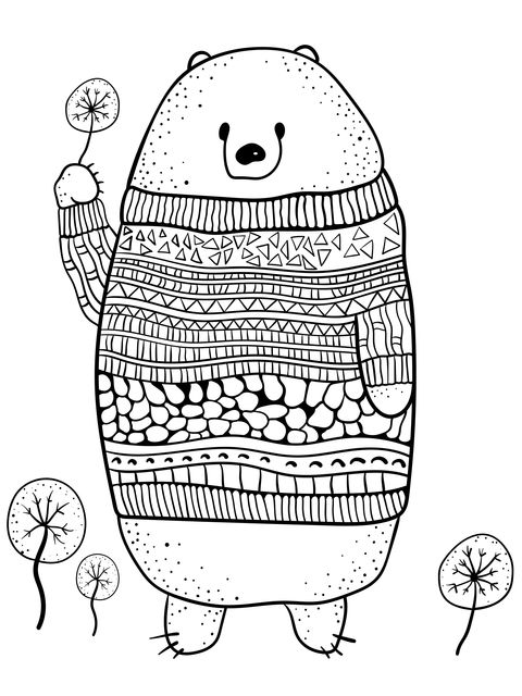 Cute Bear Coloring Page: Wearing a Colorful Sweater and Holding Dandelions