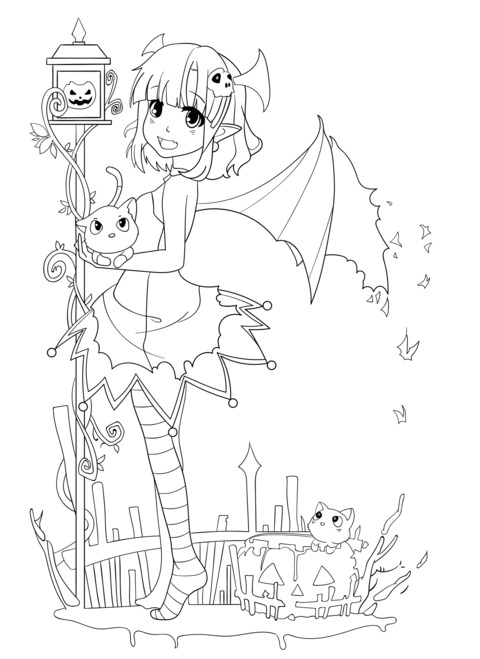 Halloween - themed Cartoon Girl Coloring Page