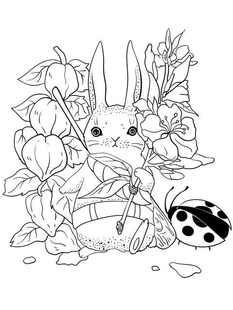 Rabbit Holding a Branch with Flowers and a Ladybug