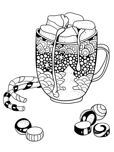 Coloring Page of a Colorful Mug and Candies