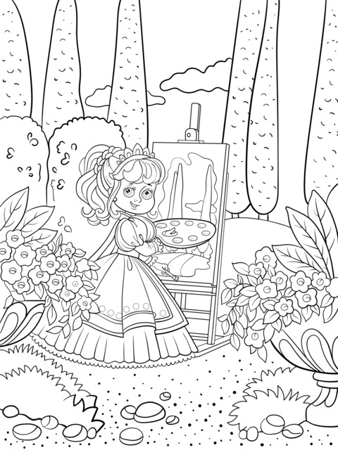 Página de Colorear de una Princesa Pintando en el Jardín