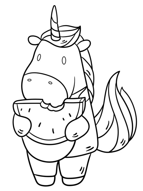 Cute Unicorn Eating Watermelon Coloring Page