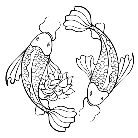 Double Koi Fish and Lotus Coloring Page