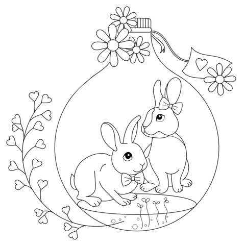 Adorable Rabbits and Flower - filled Glass Bottle Coloring Page