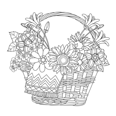 Coloring Page of a Colorful Flower Basket