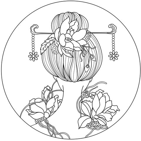 Back View of a Woman with Ancient - style Flower Hair Accessories Coloring Page