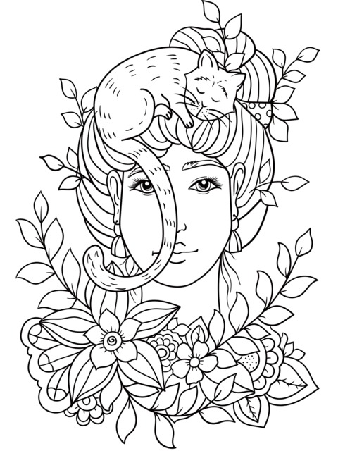 Female Head Coloring Page with Cat and Flowers