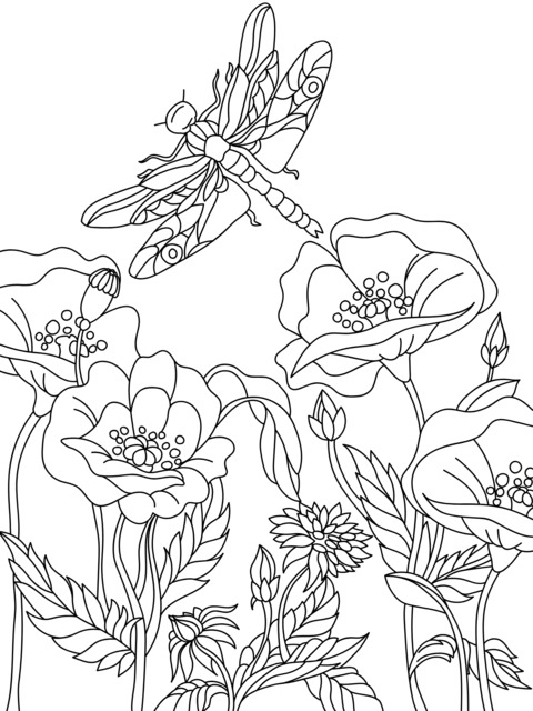 Dragonfly and Flowers Coloring Page