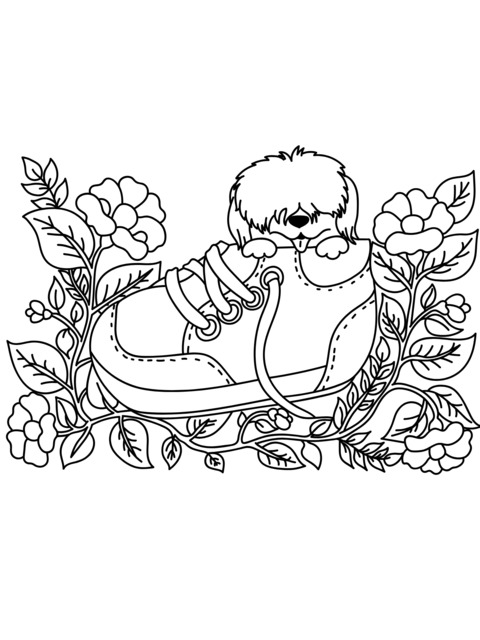 Adorable Puppy and Shoes Coloring Page