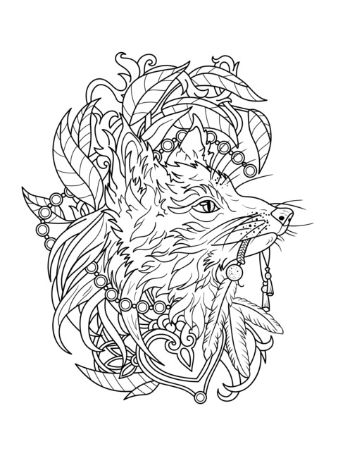 Illustration of a fox's head adorned with jewels and foliage