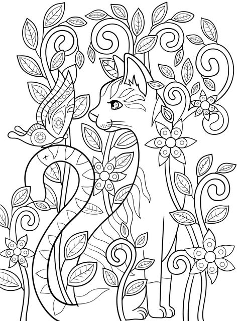 Página para Colorear de un Gato con Flores y un Pájaro