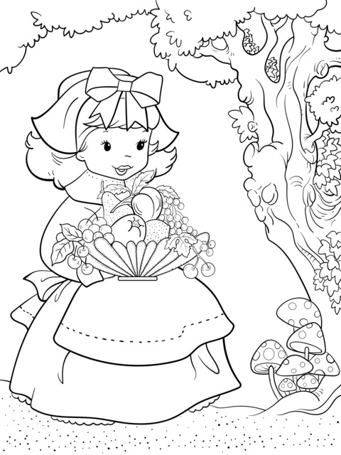 Coloring Page of a Girl with a Basket and Forest Fruits