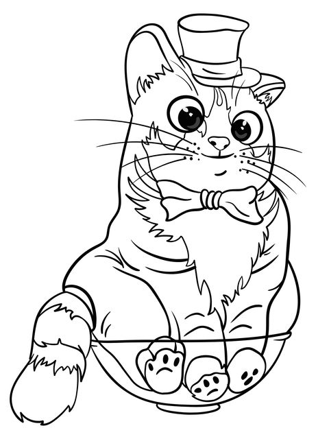 Coloring Page of a Cat Wearing a Top - Hat and Bow - Tie