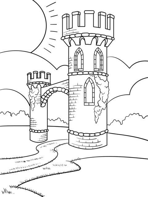 Página de Colorir Tema de um Castelo Medieval