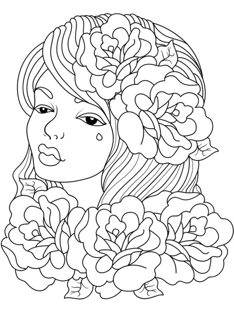 Página de colorear de una chica adornada con flores