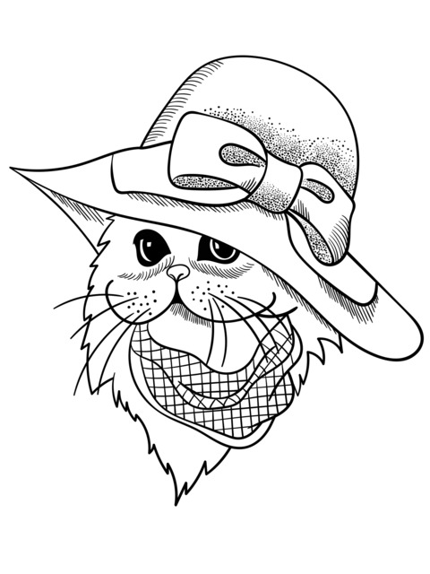 Cat Wearing a Hat and Scarf Coloring Page