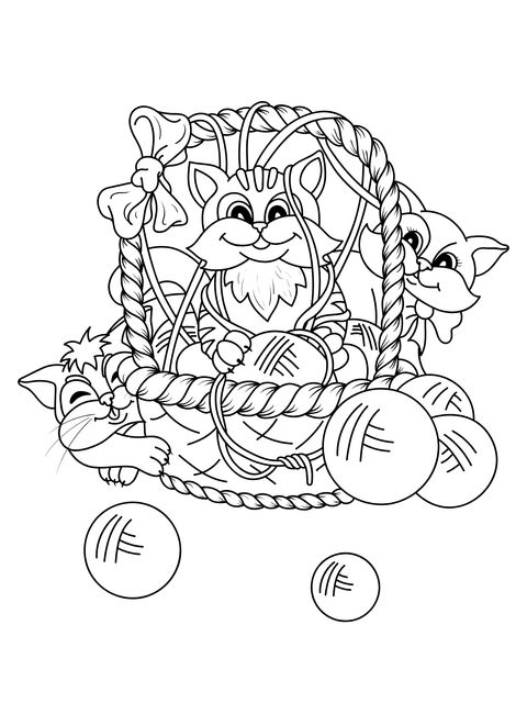 Adorable Cats and Yarn Balls Coloring Page