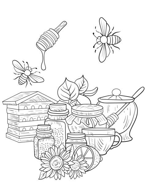 Honey - themed Coloring Page: Bees, Beehives and Honey Products