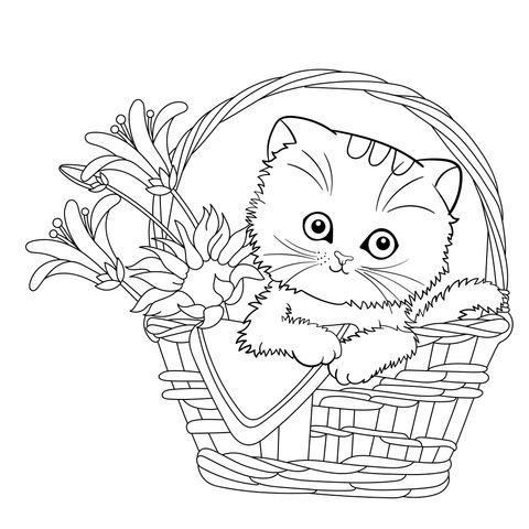 Página de Colorear de un Adorable Gato con Canasta de Flores