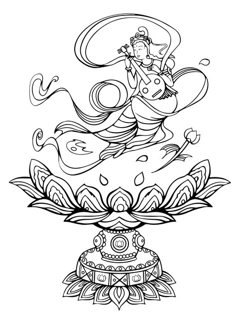 Página para colorear de la Diosa Apsara Voladora de Dunhuang