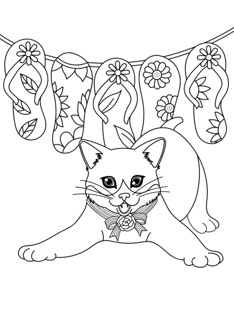 Página de colorir de um gato fofo e chinelos decorados com flores