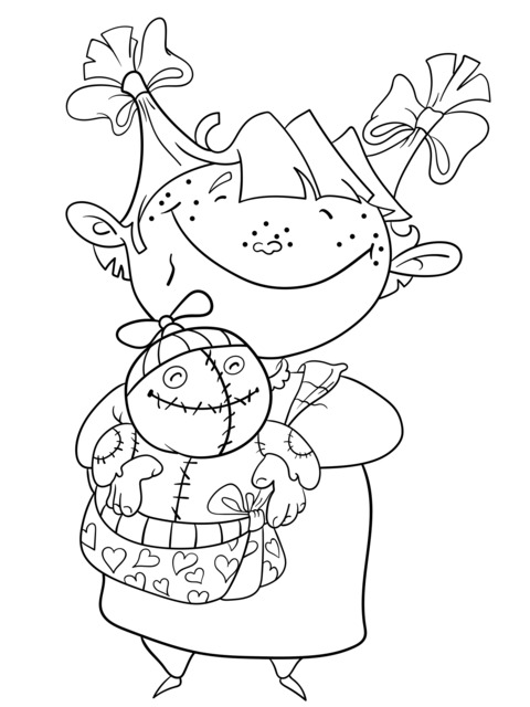 Coloring Page of a Little Girl Holding a Doll