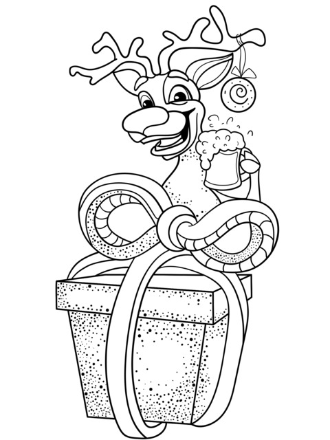 Cute Reindeer and Gift Coloring Page