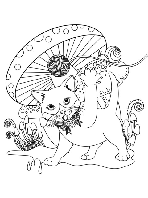 Adorable Cat and Mushrooms Coloring Page