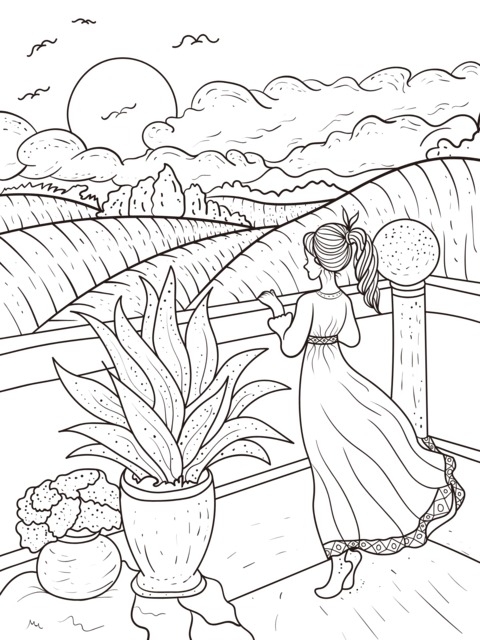 Coloring Page of a Girl Gazing at a Rural Landscape