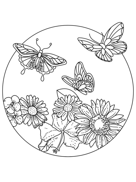 Página de Colorear con Mariposas y Flores