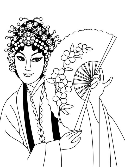 Peking Opera Character Coloring Page: An Elegant Figure Holding a Folding Fan