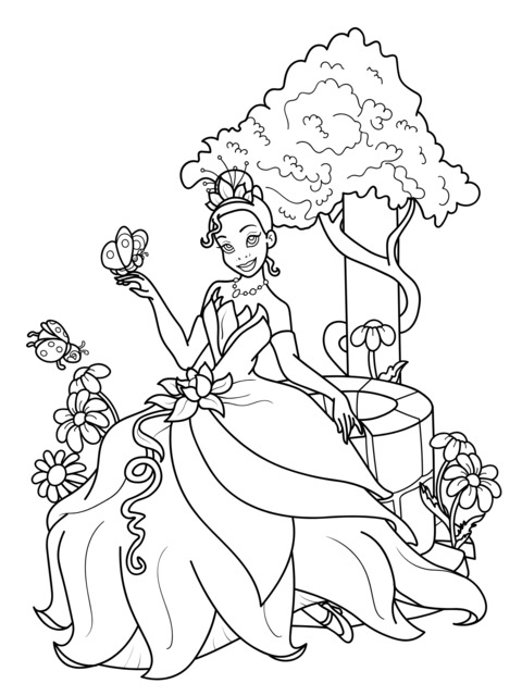 Princess - themed Coloring Page: A Beautiful Princess and Natural Scenery