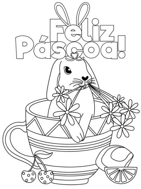 Easter Bunny Coloring Page: Illustration of Bunny and Flower - filled Cup