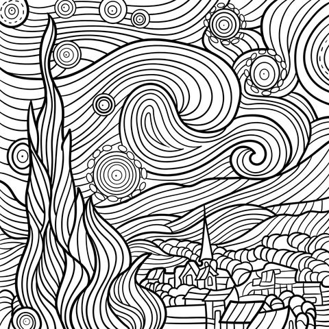 Starry Night - Style Coloring Page by Van Gogh