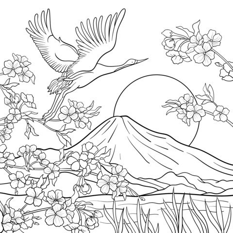 Japanese - style Coloring Page of Crane, Flowers and Mountain