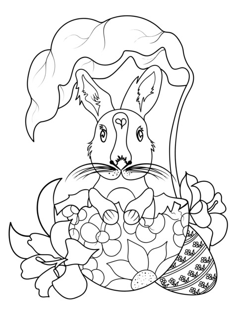 Adorable Rabbit and Flowers Coloring Page