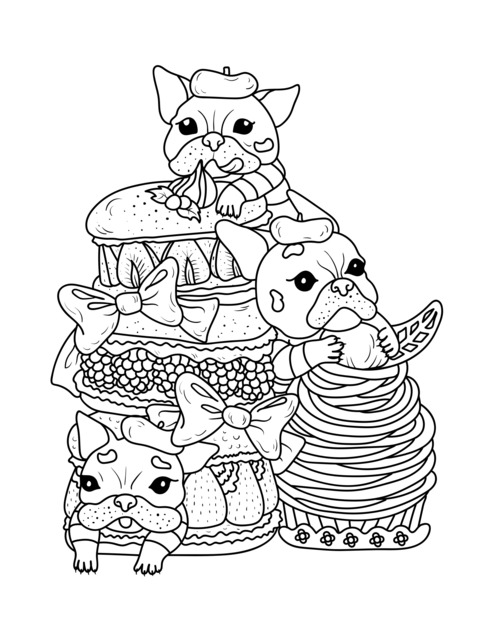 Adorable French Bulldogs with Desserts Coloring Page