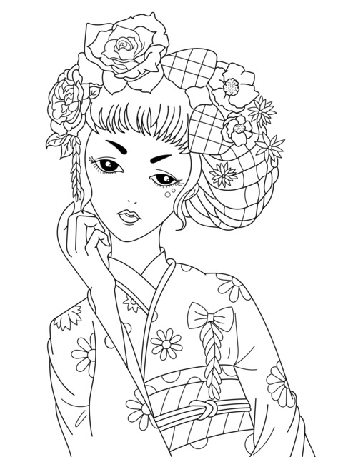 Coloring Page of a Woman in a Japanese Kimono