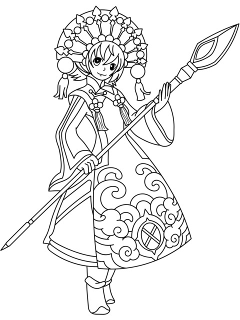 Young girl in traditional clothing holding a halberd